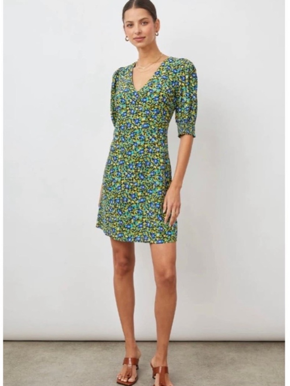 Rails Roma Dress Abstract Garden Print Green Blue Short Sleeve Size Small